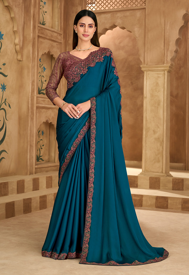 Monjolika Fashion Embroidered Faux Chiffon Satin Teal Blue Saree - Distacart