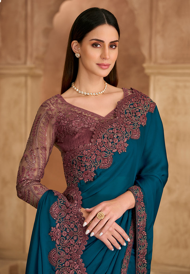 Monjolika Fashion Embroidered Faux Chiffon Satin Teal Blue Saree - Distacart