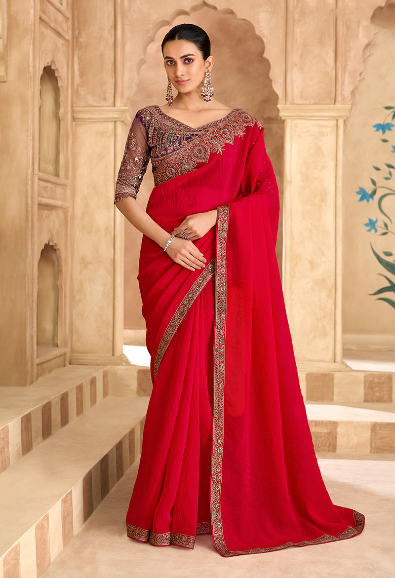 Monjolika Fashion Embroidered Faux Georgette Satin Red Saree - Distacart
