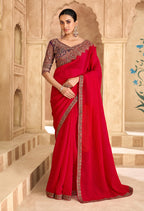 Monjolika Fashion Embroidered Faux Georgette Satin Red Saree - Distacart