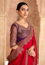 Monjolika Fashion Embroidered Faux Georgette Satin Red Saree - Distacart