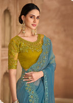 Monjolika Fashion Embroidered Faux Georgette Sky Blue Saree - Distacart