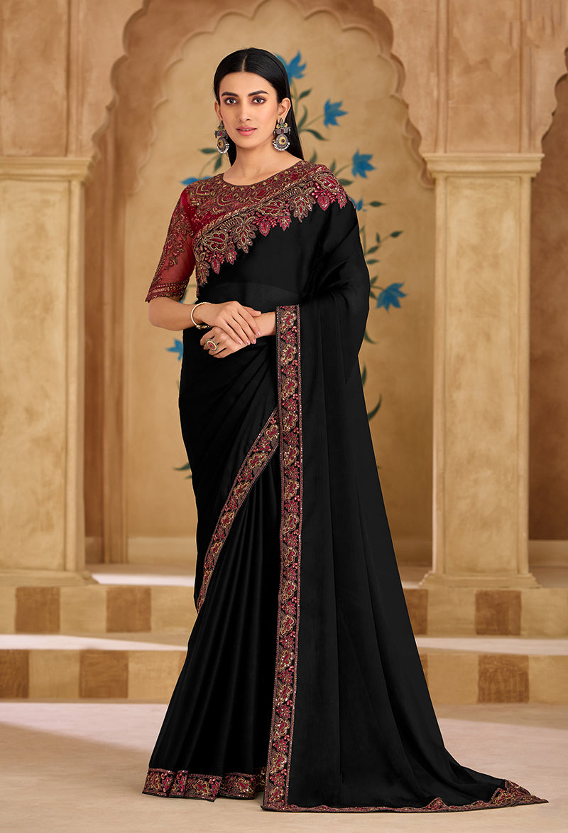 Monjolika Fashion Embroidered Faux Georgette Black Saree - Distacart