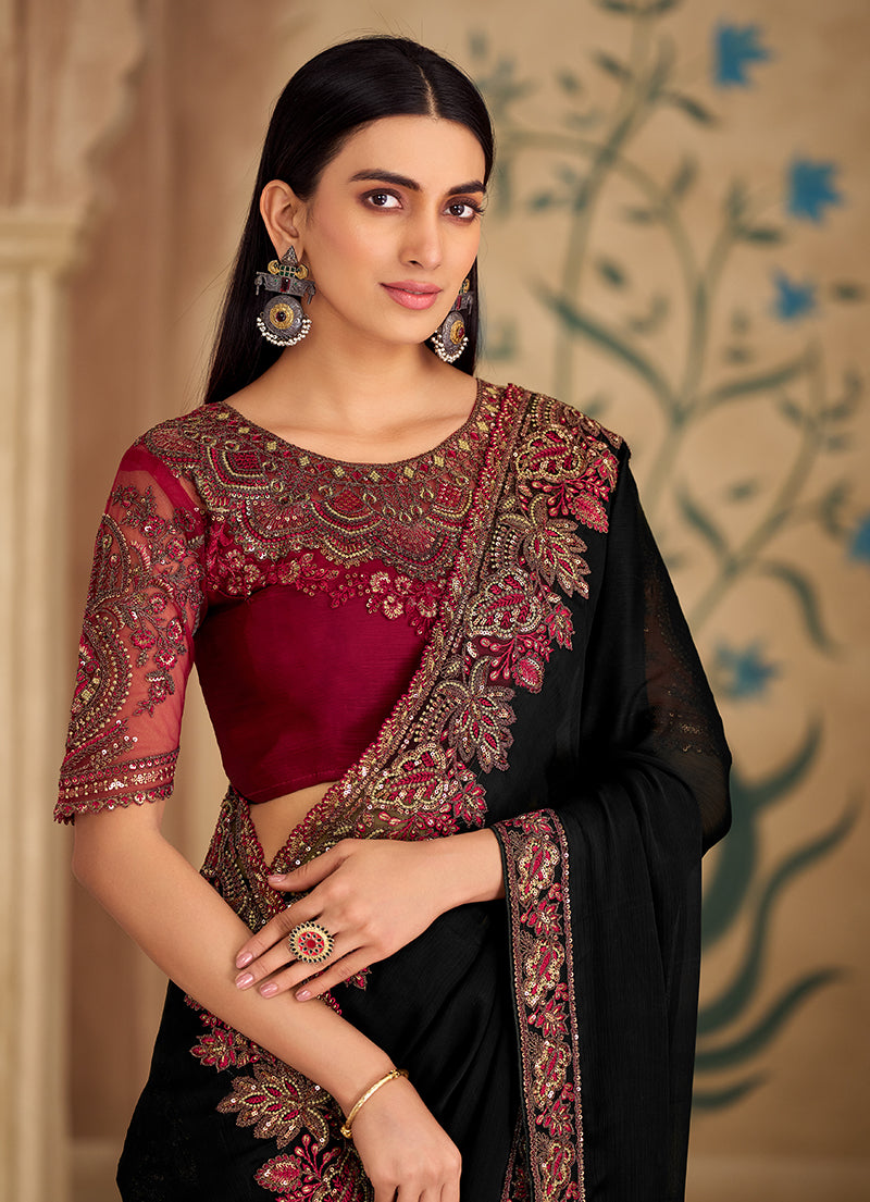 Monjolika Fashion Embroidered Faux Georgette Black Saree - Distacart