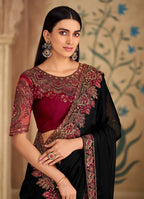 Monjolika Fashion Embroidered Faux Georgette Black Saree - Distacart