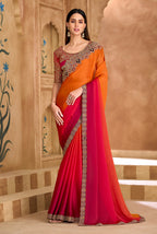 Monjolika Fashion Embroidered Faux Chiffon Satin Orange & Rani Pink Saree - Distacart