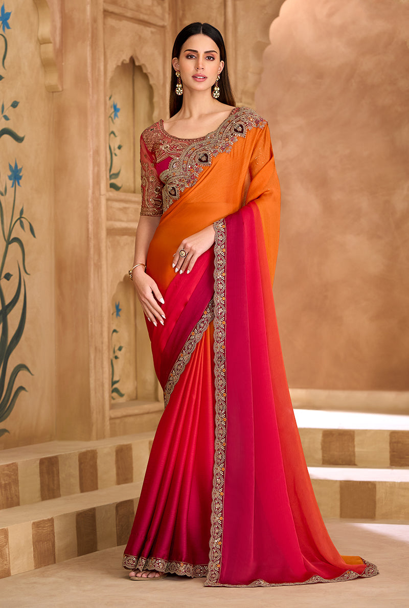 Monjolika Fashion Embroidered Faux Chiffon Satin Orange & Rani Pink Saree - Distacart
