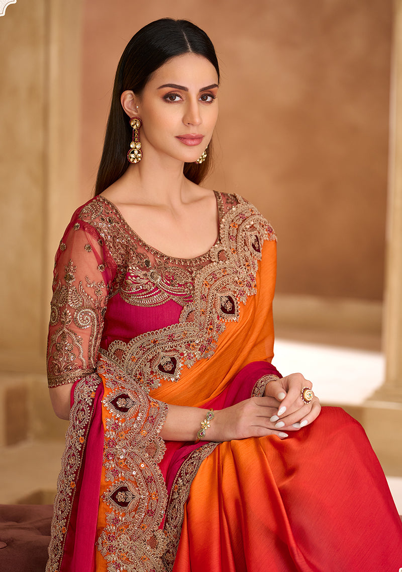 Monjolika Fashion Embroidered Faux Chiffon Satin Orange & Rani Pink Saree - Distacart