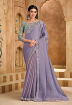 Monjolika Fashion Embroidered Faux Chiffon Lavender Saree