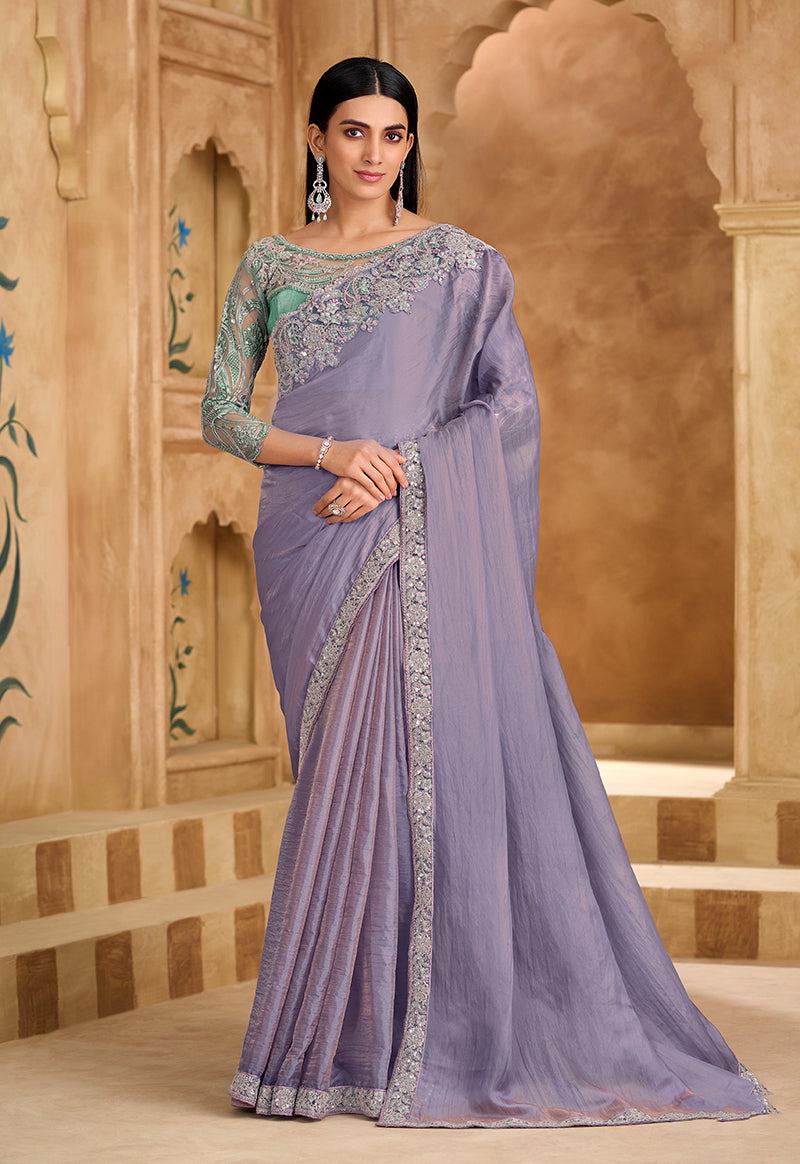 Monjolika Fashion Embroidered Faux Chiffon Lavender Saree