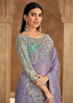 Monjolika Fashion Embroidered Faux Chiffon Lavender Saree