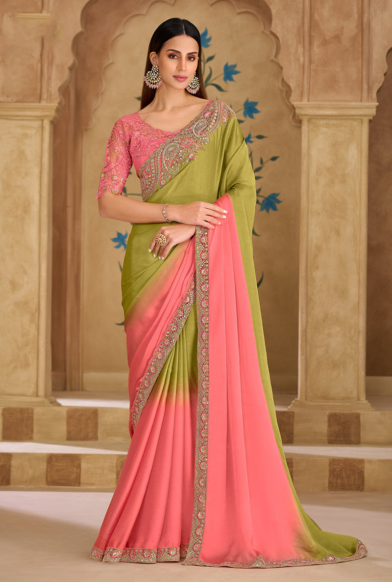 Monjolika Fashion Embroidered Faux Georgette Parrot Green & Pink Saree - Distacart