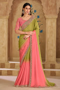 Monjolika Fashion Embroidered Faux Georgette Parrot Green & Pink Saree - Distacart