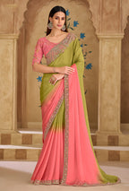 Monjolika Fashion Embroidered Faux Georgette Parrot Green & Pink Saree - Distacart