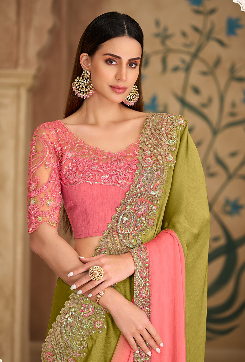 Monjolika Fashion Embroidered Faux Georgette Parrot Green & Pink Saree - Distacart