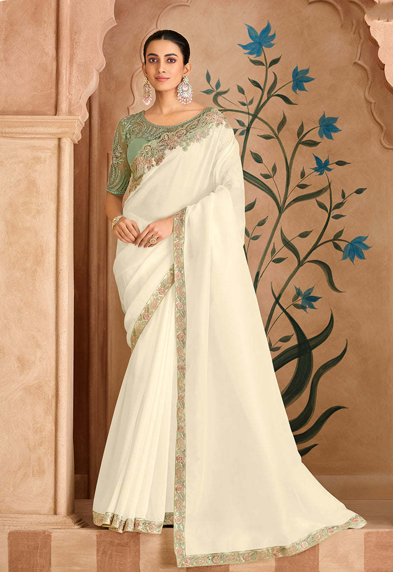 Monjolika Fashion Embroidered Faux Chiffon Satin Off White Saree - Distacart