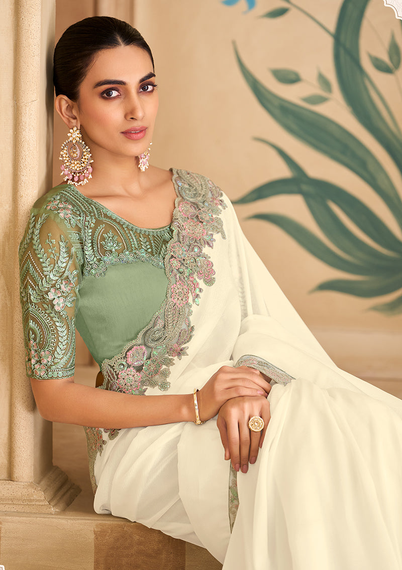 Monjolika Fashion Embroidered Faux Chiffon Satin Off White Saree - Distacart