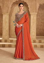 Monjolika Fashion Embroidered Faux Chiffon Satin Orange Saree - Distacart