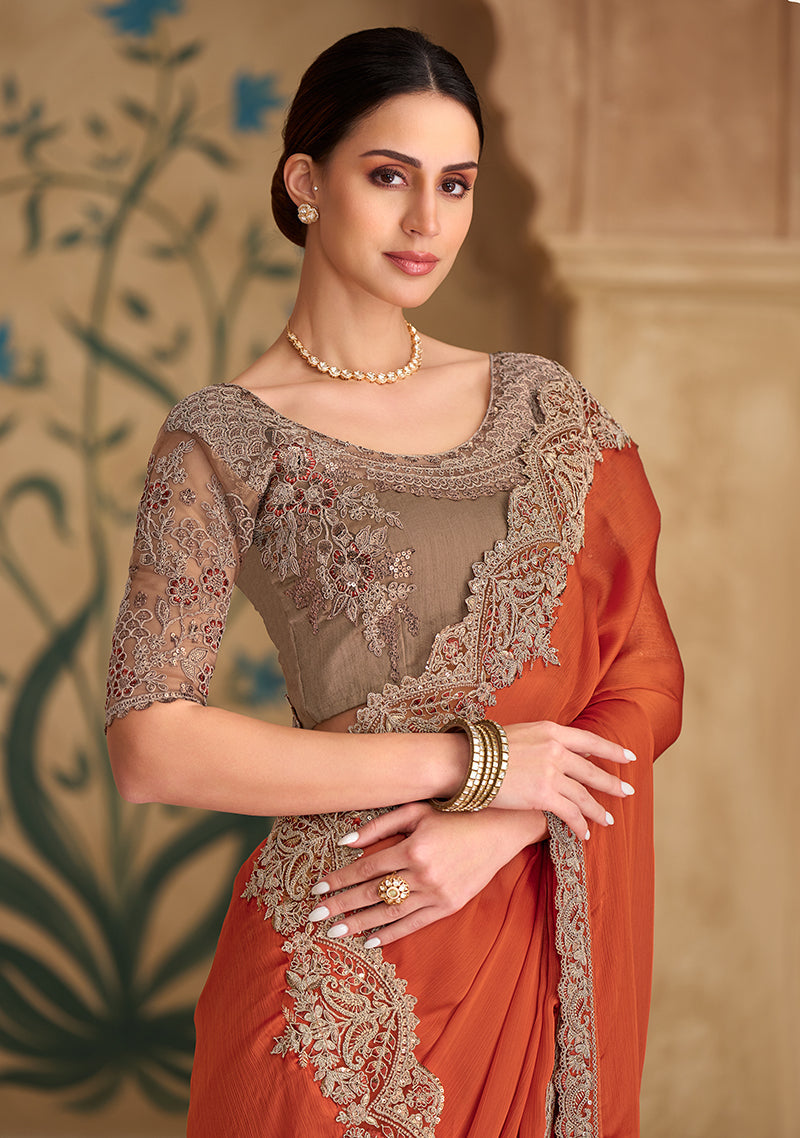 Monjolika Fashion Embroidered Faux Chiffon Satin Orange Saree - Distacart
