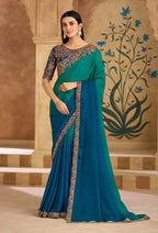 Monjolika Fashion Embroidered Faux Chiffon Teal Green & Blue Saree - Distacart