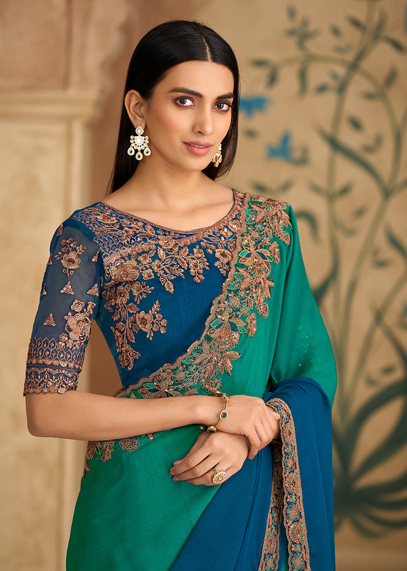 Monjolika Fashion Embroidered Faux Chiffon Teal Green & Blue Saree - Distacart