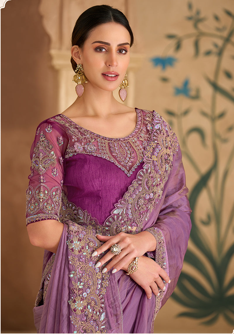 Monjolika Fashion Embroidered Faux Georgette Onion Pink Saree - Distacart