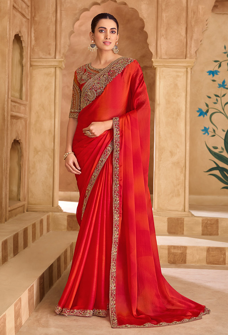 Monjolika Fashion Embroidered Faux Chiffon Shaded Red Saree - Distacart