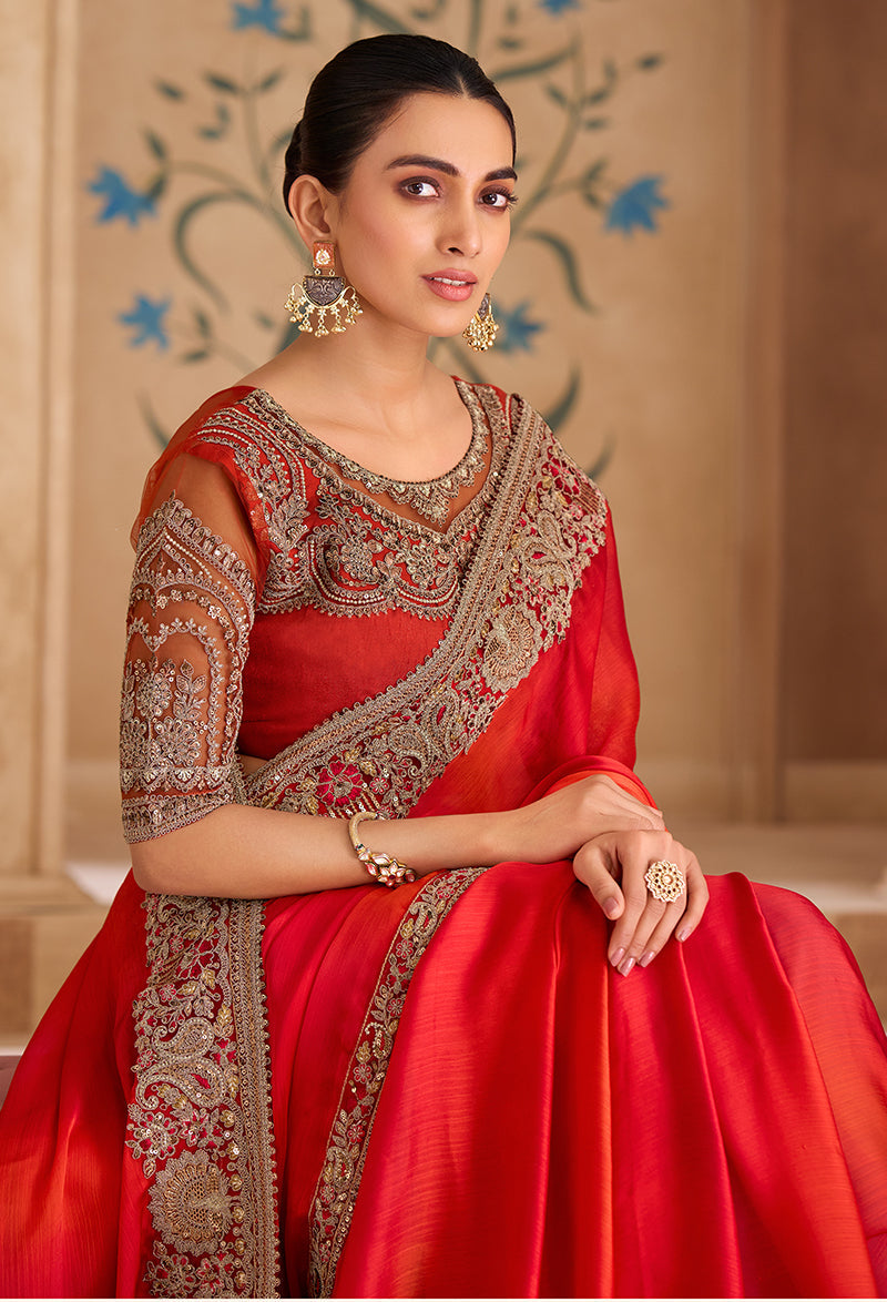Monjolika Fashion Embroidered Faux Chiffon Shaded Red Saree - Distacart