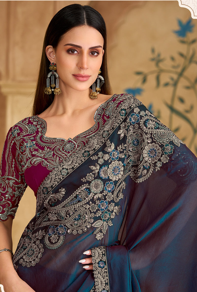 Monjolika Fashion Embroidered Faux Georgette Navy Blue Saree - Distacart