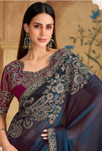 Monjolika Fashion Embroidered Faux Georgette Navy Blue Saree - Distacart
