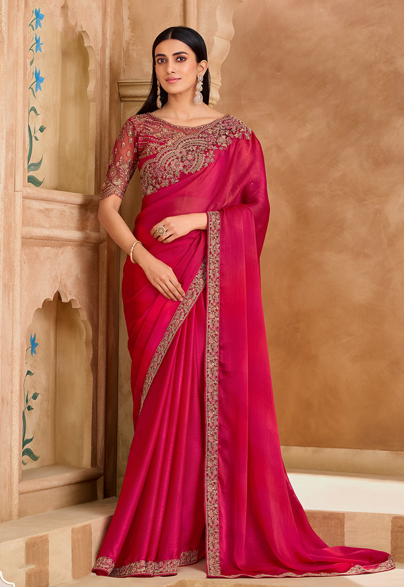 Monjolika Fashion Embroidered Faux Chiffon Satin Rani Pink Saree - Distacart