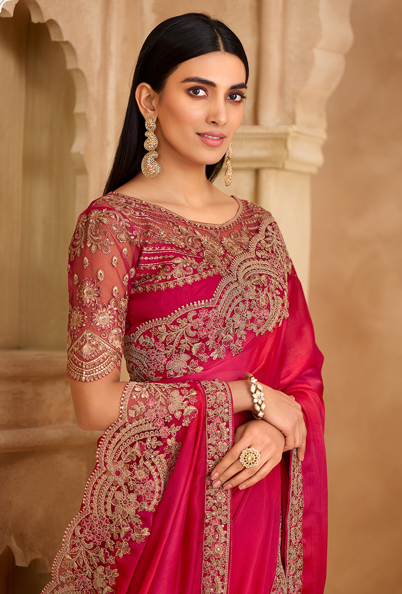 Monjolika Fashion Embroidered Faux Chiffon Satin Rani Pink Saree - Distacart