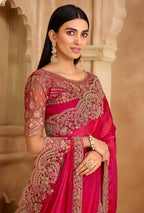 Monjolika Fashion Embroidered Faux Chiffon Satin Rani Pink Saree - Distacart