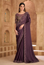 Monjolika Fashion Embroidered Faux Chiffon Satin Wine Saree - Distacart