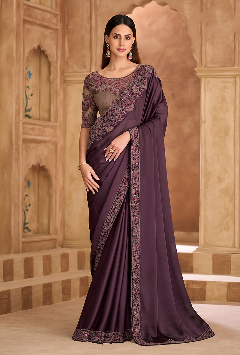 Monjolika Fashion Embroidered Faux Chiffon Satin Wine Saree - Distacart