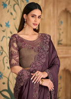 Monjolika Fashion Embroidered Faux Chiffon Satin Wine Saree - Distacart