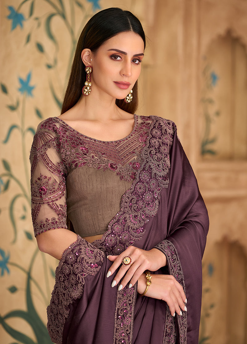 Monjolika Fashion Embroidered Faux Chiffon Satin Wine Saree - Distacart