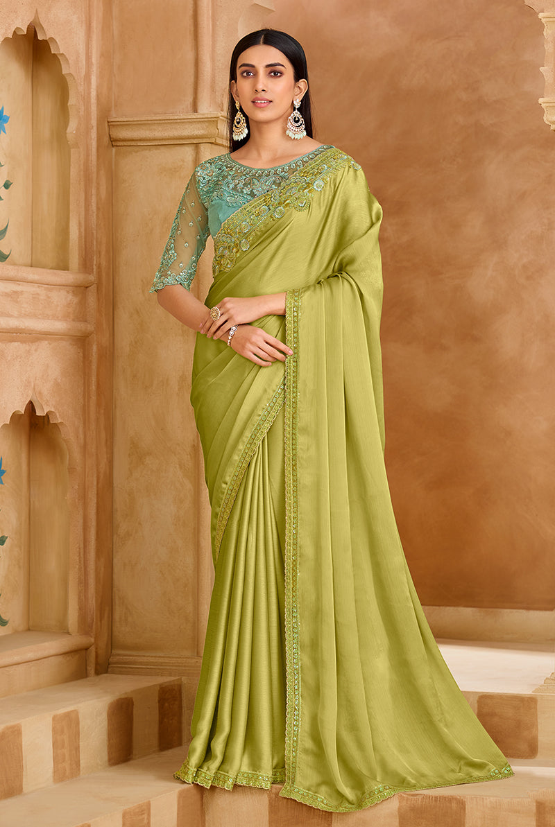 Monjolika Fashion Embroidered Faux Chiffon Satin Light Green Saree - Distacart