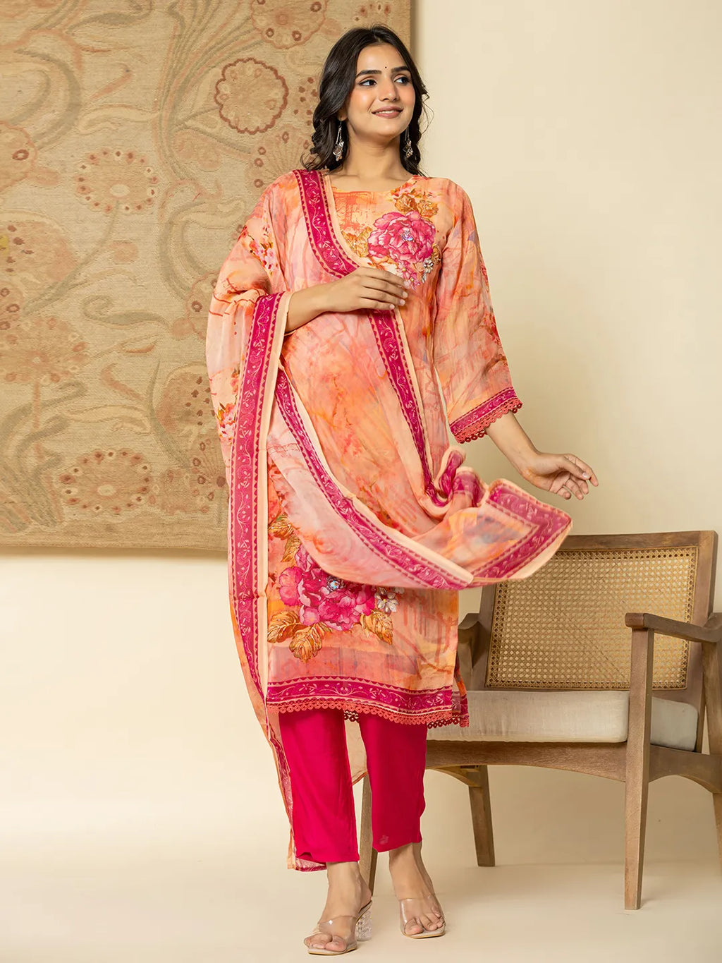 Yufta Pink Floral Embroidered Regular Sequinned Kurta with Trousers & With Dupatta - Distacart
