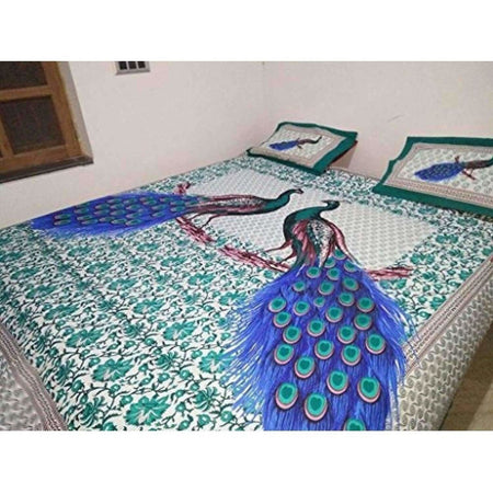 Multicolored Cotton Jaipuri Print Traditional Double Bedsheet with 2 Pillow Cover