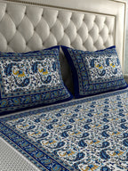 LA VERNE Blue & White Printed 104 TC Queen Bedsheet with 2 Pillow Covers