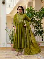 Pramukh Fab Olive Color Roman Silk Kurta Set - Distacart