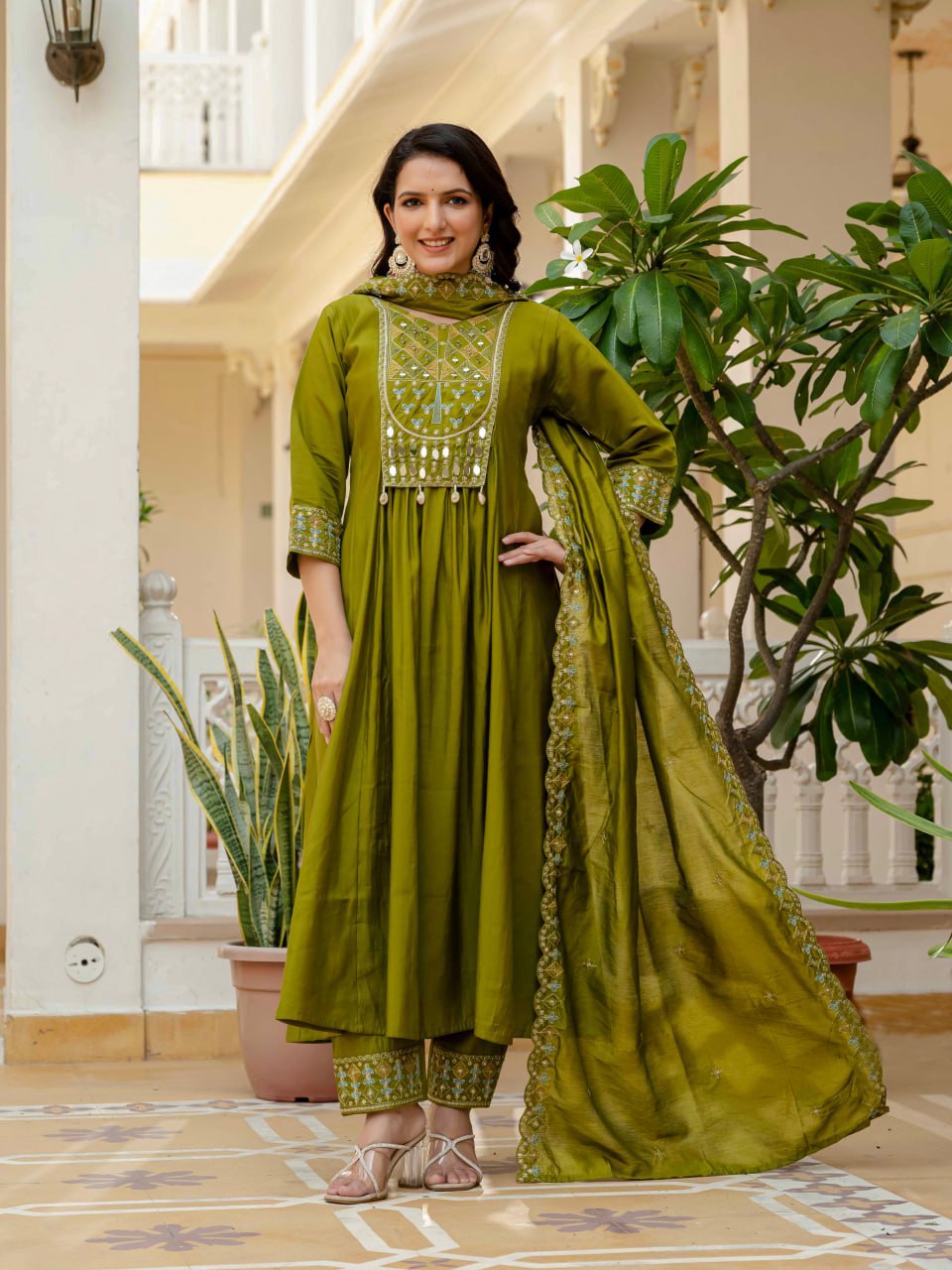 Pramukh Fab Olive Color Roman Silk Kurta Set - Distacart