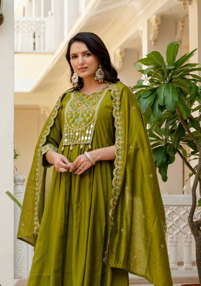 Pramukh Fab Olive Color Roman Silk Kurta Set - Distacart