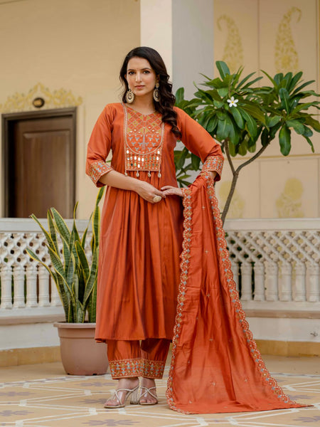 Pramukh Fab Orange Color Roman Silk Kurta Set