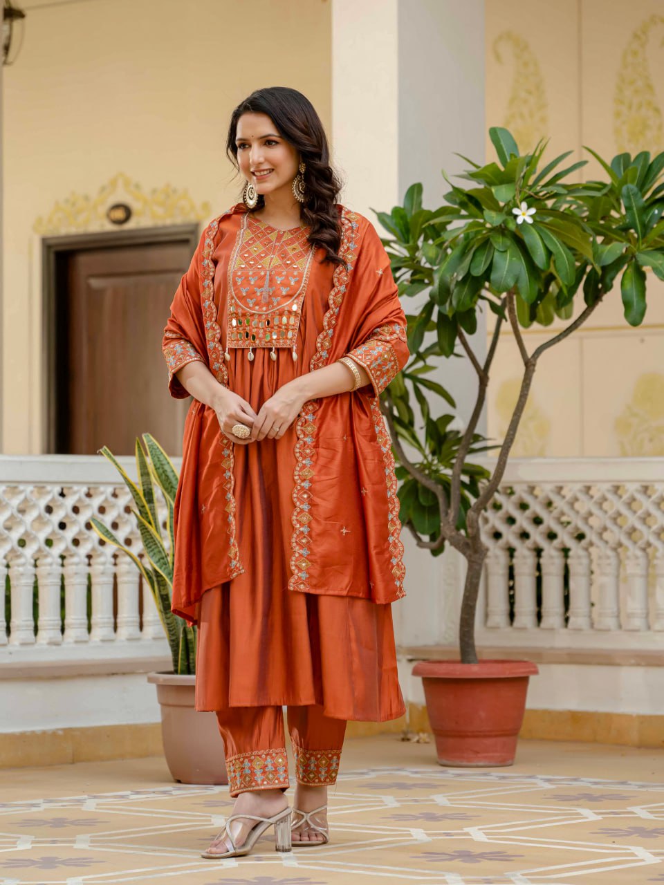 Pramukh Fab Orange Color Roman Silk Kurta Set - Distacart