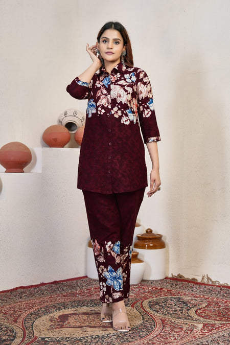 Pramukh Fab Maroon Color Cotton Co-ord Set