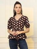 Yufta Brown Cotton Polka Dot Brown Tie Up Peplum Top