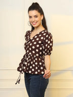 Yufta Brown Cotton Polka Dot Brown Tie Up Peplum Top