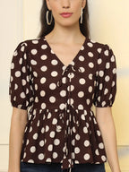 Yufta Brown Cotton Polka Dot Brown Tie Up Peplum Top